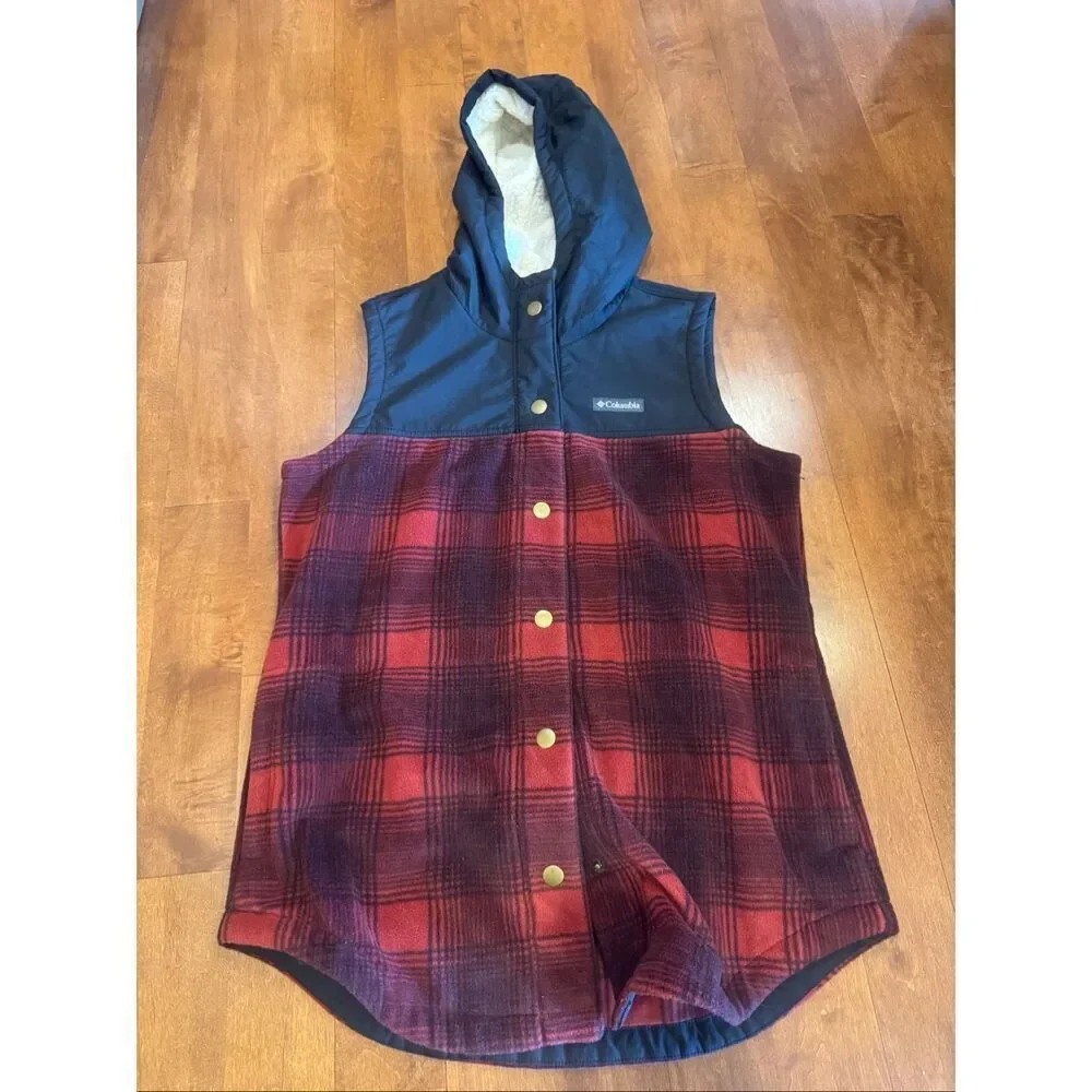 Men’s Columbia Hooded Fleece-Lined Plaid Vest – Size Large
